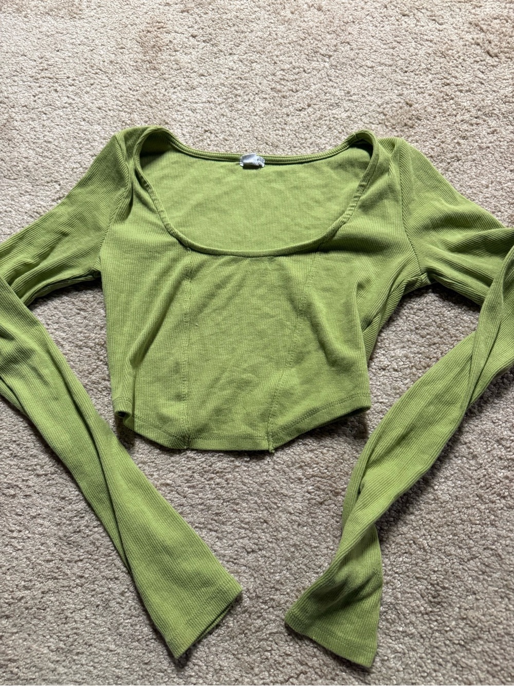 Garage Olive Green Ribbed Scoop Neck Long Sleeve Crop Top